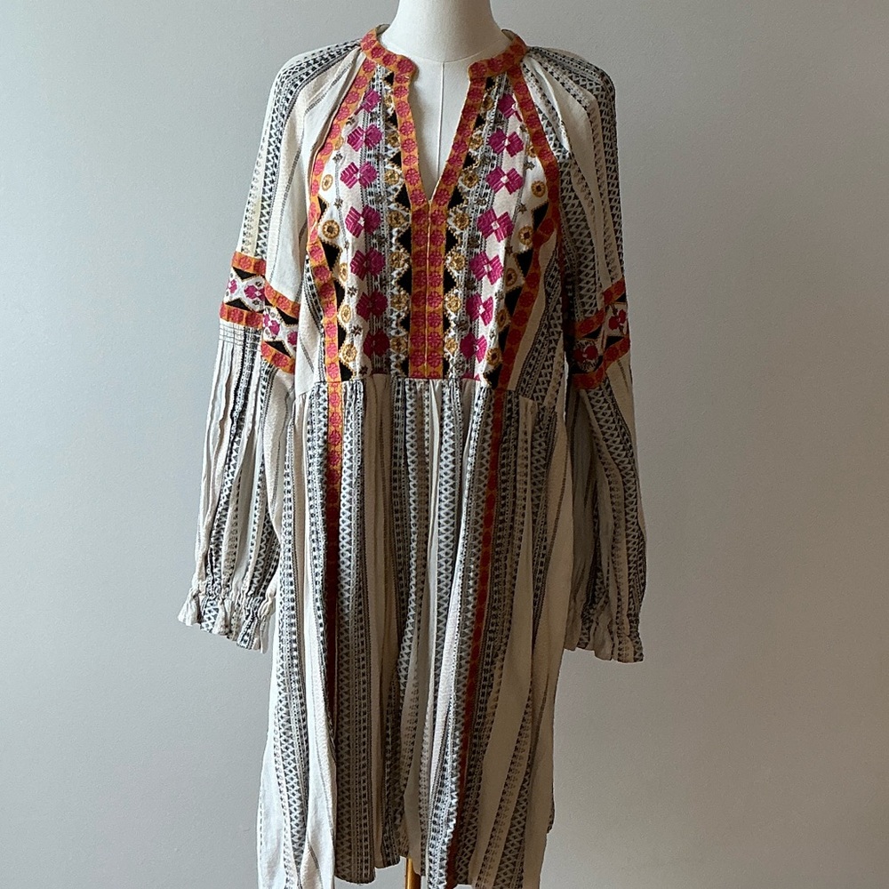 Anthropologie Multicolor Embroidered Long Sleeve Dress